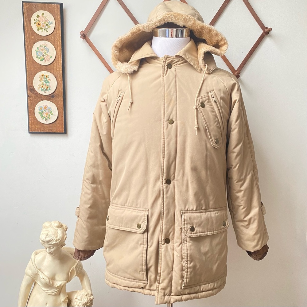 Vintage 90s Utility Tan Puffer Parka Coat Small
